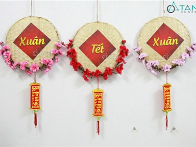 Vòng treo cửa Tết mẹt tre hoa đào các màu ĐK 30cm T-VTC-10